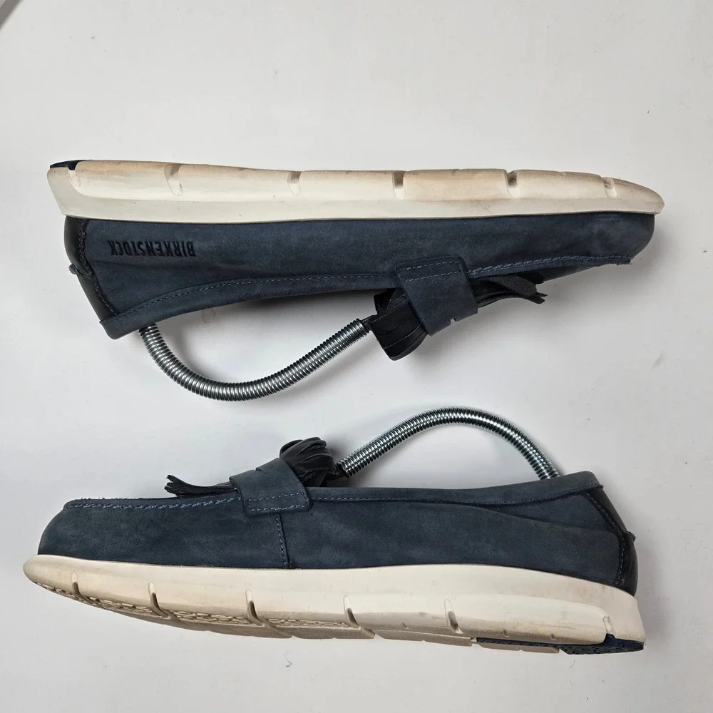 Birkenstock Saitama Moccasins Womens 40‎ Navy Blue Leather Fringe Loafers Shoes